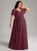Wedding Guests Dresses Elegant Cabernet A-Line V-Neck Ruffles Short Sleeve Pleated Floor-Length Pregnant Woman Plus Size Formal Dress Discount Hot Sale Prom Dress