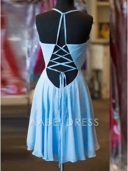 AABEI DRESS New Homecoming Dress A-Line Halter Backless Criss-Cross Straps Chiffon Pleats Sexy Short Prom Dress