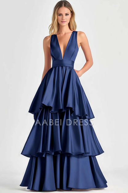 AABEI DRESS Hot Sale Prom Dress A-Line Deep V-Neck Sleeveless Ruched Tiered Fashion Long Formal Dress
