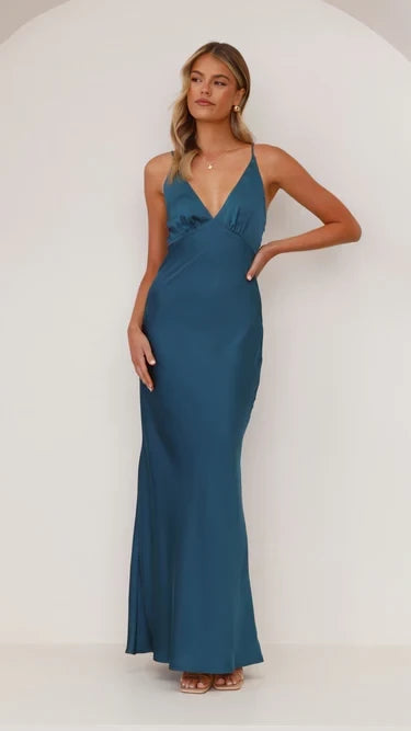 Sleek Sheath Deep V Spaghetti Strap Open Back Floor Length Evening Dress