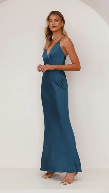 Sleek Sheath Deep V Spaghetti Strap Open Back Floor Length Evening Dress