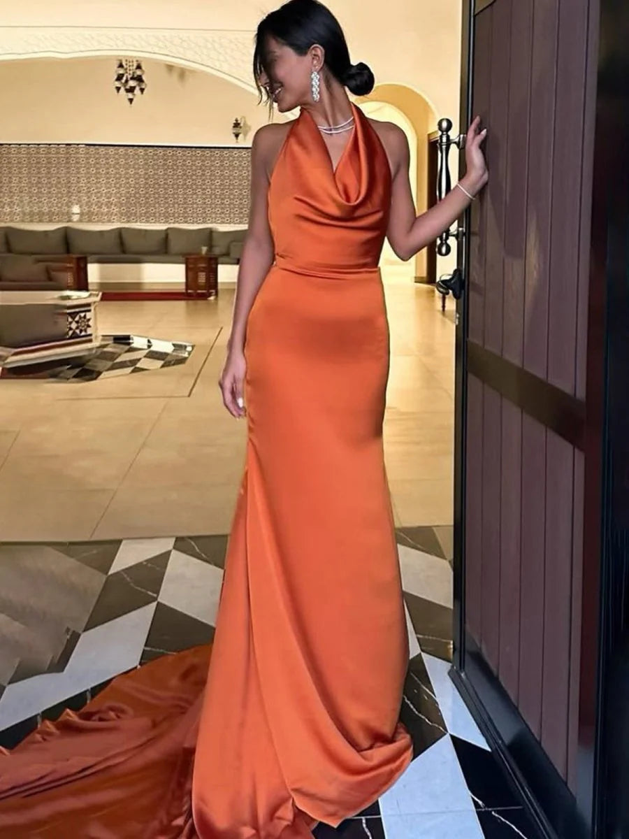 Orange Satin Charming Mermaid Halter Sleeveless Backless Pleated Elegant Wedding Guest Dress Long Hot Sale Prom Dresses