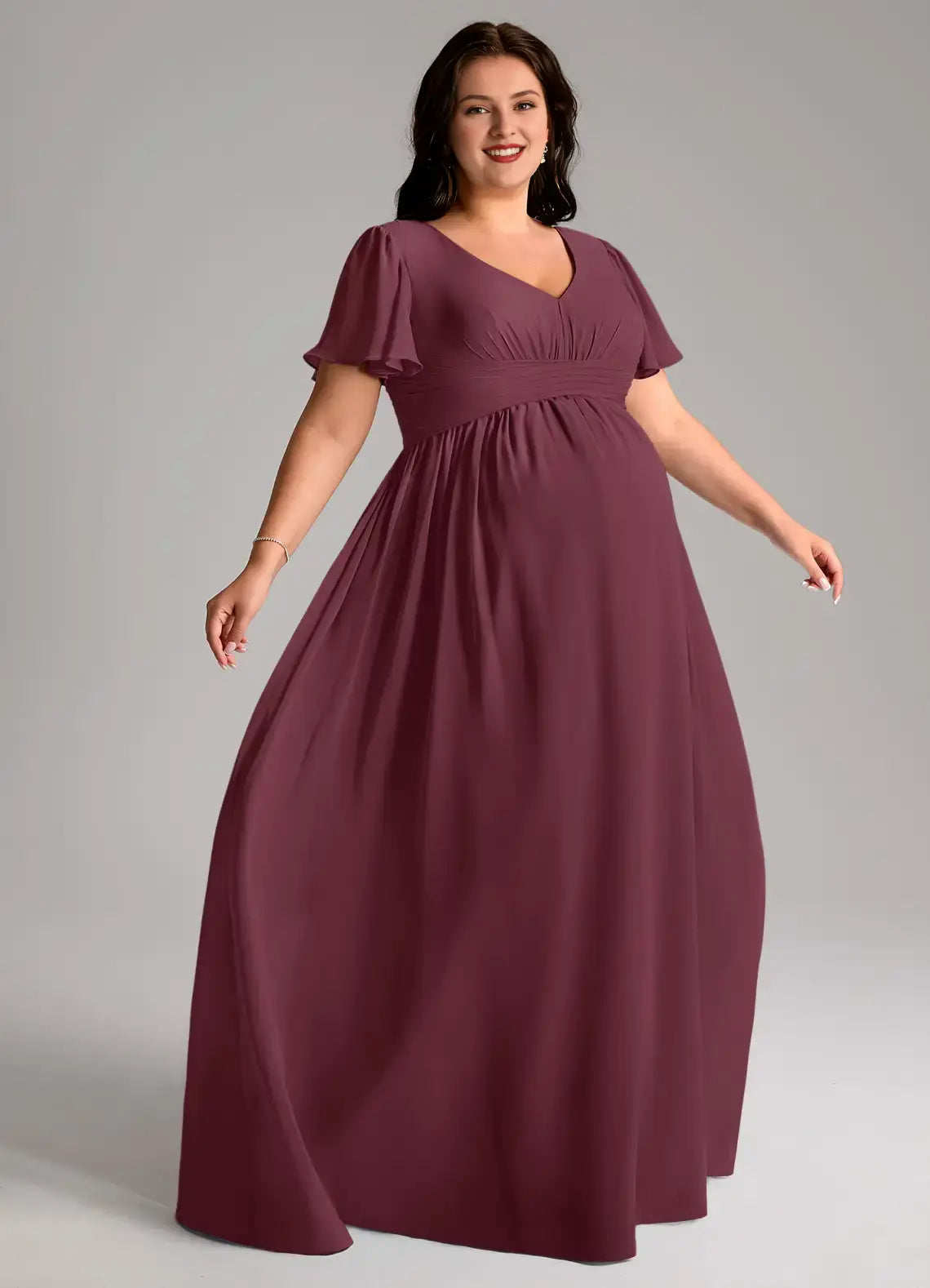 Wedding Guests Dresses Elegant Cabernet A-Line V-Neck Ruffles Short Sleeve Pleated Floor-Length Pregnant Woman Plus Size Formal Dress Discount Hot Sale Prom Dress