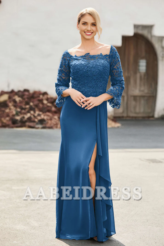 AABEI DRESS Mother of the Bride Dresses Ruffles Long Sleeves Sheath Dress With Slit Elegant Formal Dress Wedding Guests Dresses