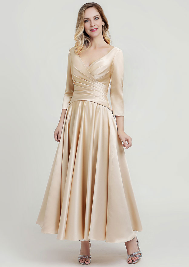 Elegant Wedding Guest Dresses Champagne Satin A-line V Neck 3/4 Sleeve With Pleated Ankle-Length Bargain Mother of the Bride Dress