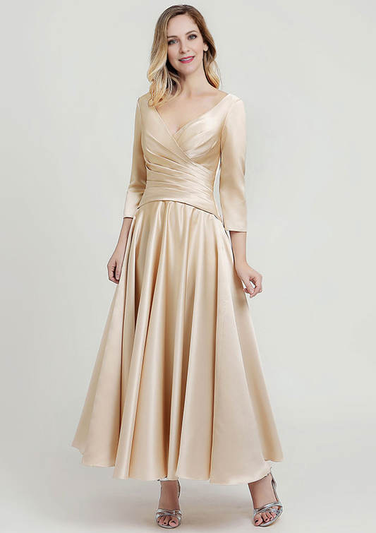 Champagne Satin A-Line V-Neck Back Zip Tea-Length Dress
