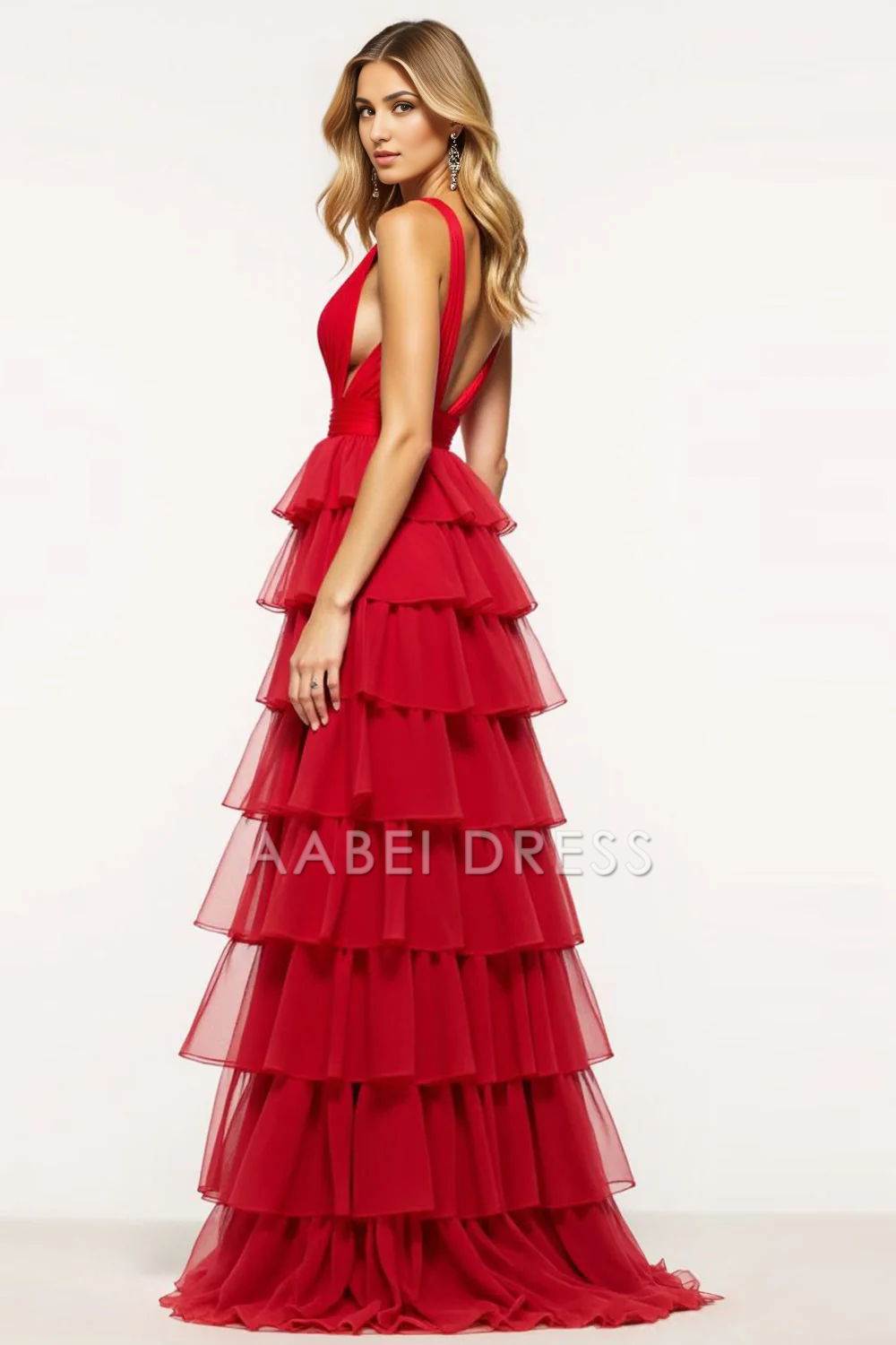 AABEI DRESS Hot Sale Prom Dress Exquisite A Line Deep V-Neck Tiered With Ruffles Fashion Long Formal Dress