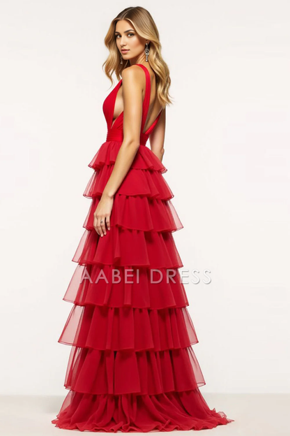 AABEI DRESS Hot Sale Prom Dress Exquisite A Line Deep V-Neck Tiered With Ruffles Fashion Long Formal Dress