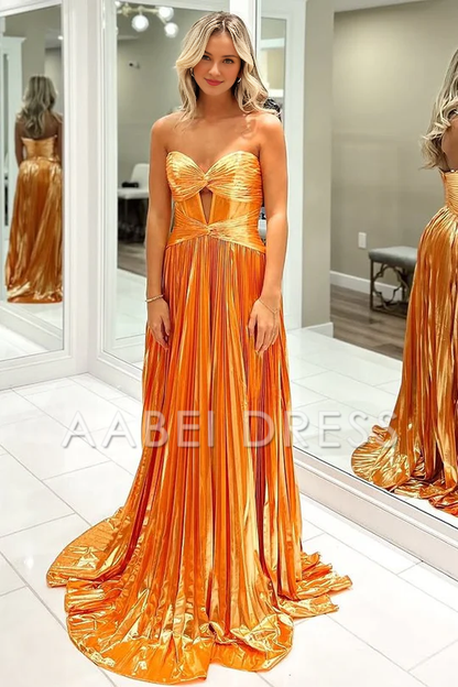 AABEI DRESS Prom Dress Cute A Line Sweetheart Strapless Pleat Satin Long with Slit Exquisite Formal Dress