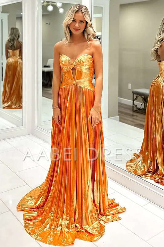 AABEI DRESS Prom Dress Cute A Line Sweetheart Strapless Pleat Satin Long with Slit Exquisite Formal Dress