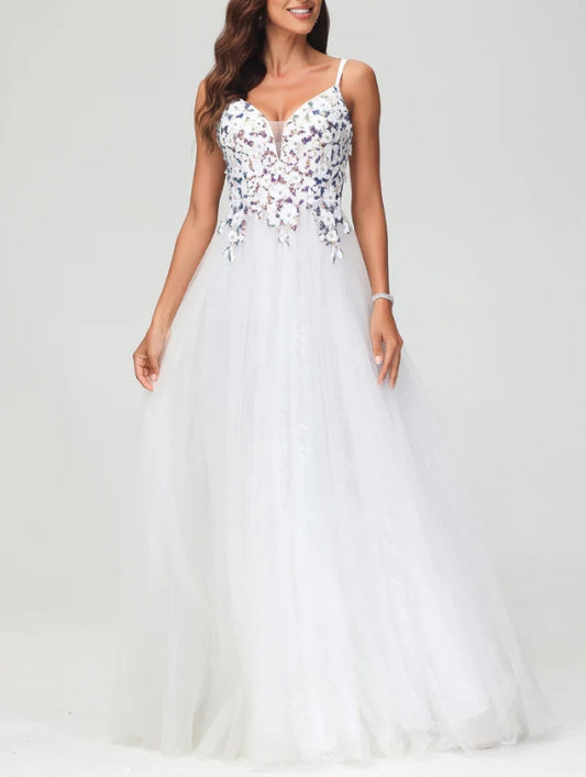 AABEI DRESS A-Line Deep V-Neck Spaghetti Straps Tulle Floor-Length Dress Elegant Evening Dress