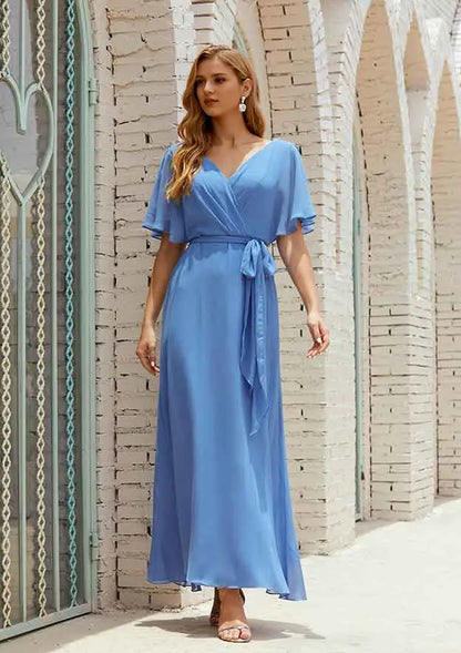 Classic Simple Blue Chiffon A-line V Neck Flutter Short Sleeve With Pleated Sashes Affordable Ankle Length Bridesmaid Dress