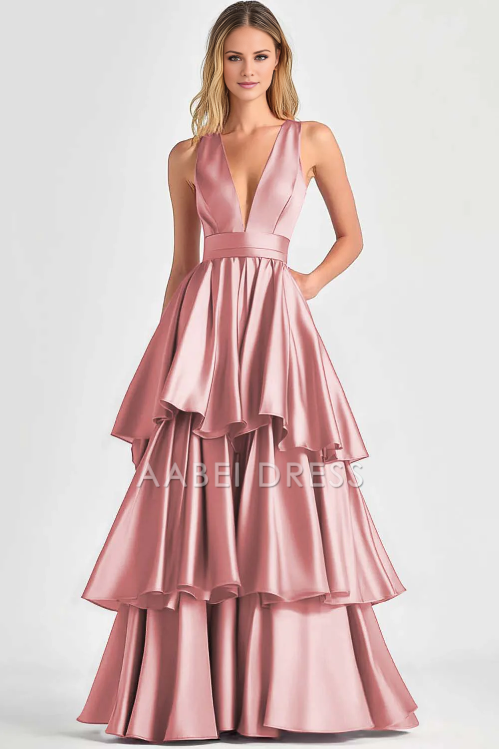 AABEI DRESS Hot Sale Prom Dress A-Line Deep V-Neck Sleeveless Ruched Tiered Fashion Long Formal Dress