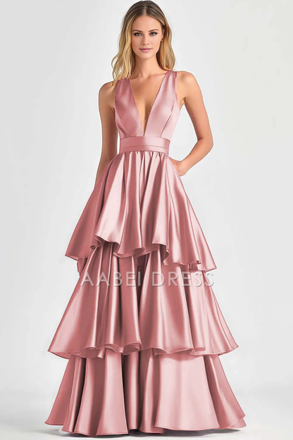 AABEI DRESS Hot Sale Prom Dress A-Line Deep V-Neck Sleeveless Ruched Tiered Fashion Long Formal Dress