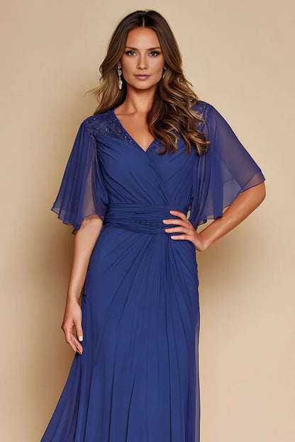 Charming Dark Blue A Line V-Neck with Flutter Sleeves Lace Pleated Long Wedding Guest Dress For Women Hot Sale Mother of the Bride Dress