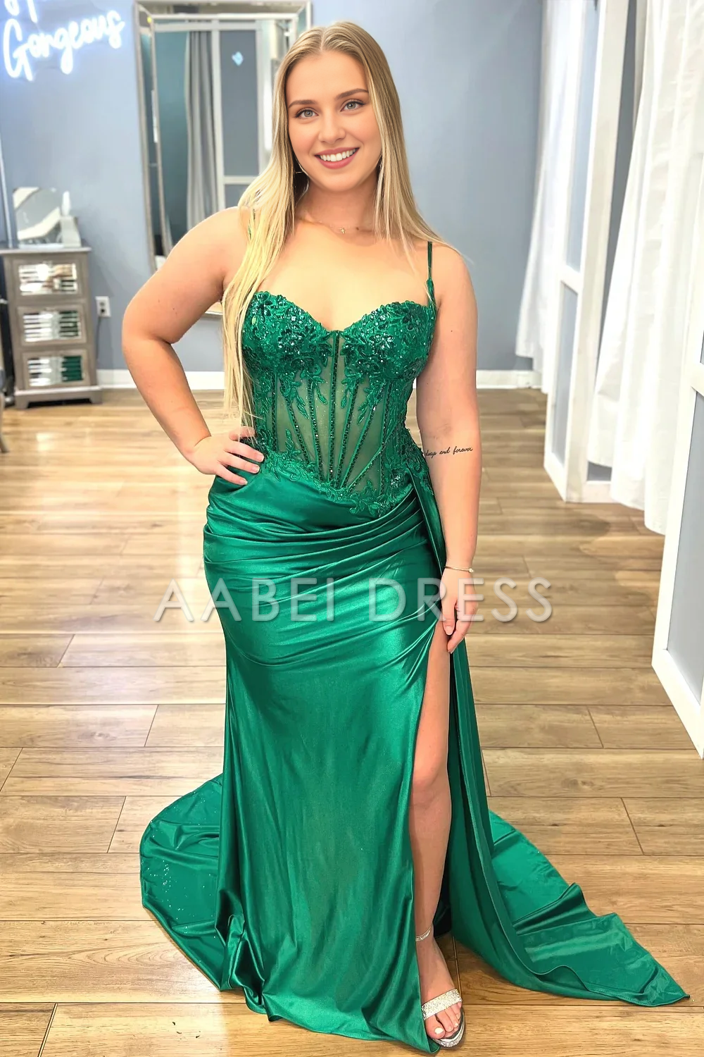 AABEI DRESS Prom Dress Stunning Mermaid Spaghetti Straps Pleated Long Glitter High Slit Luxurious Formal Dress