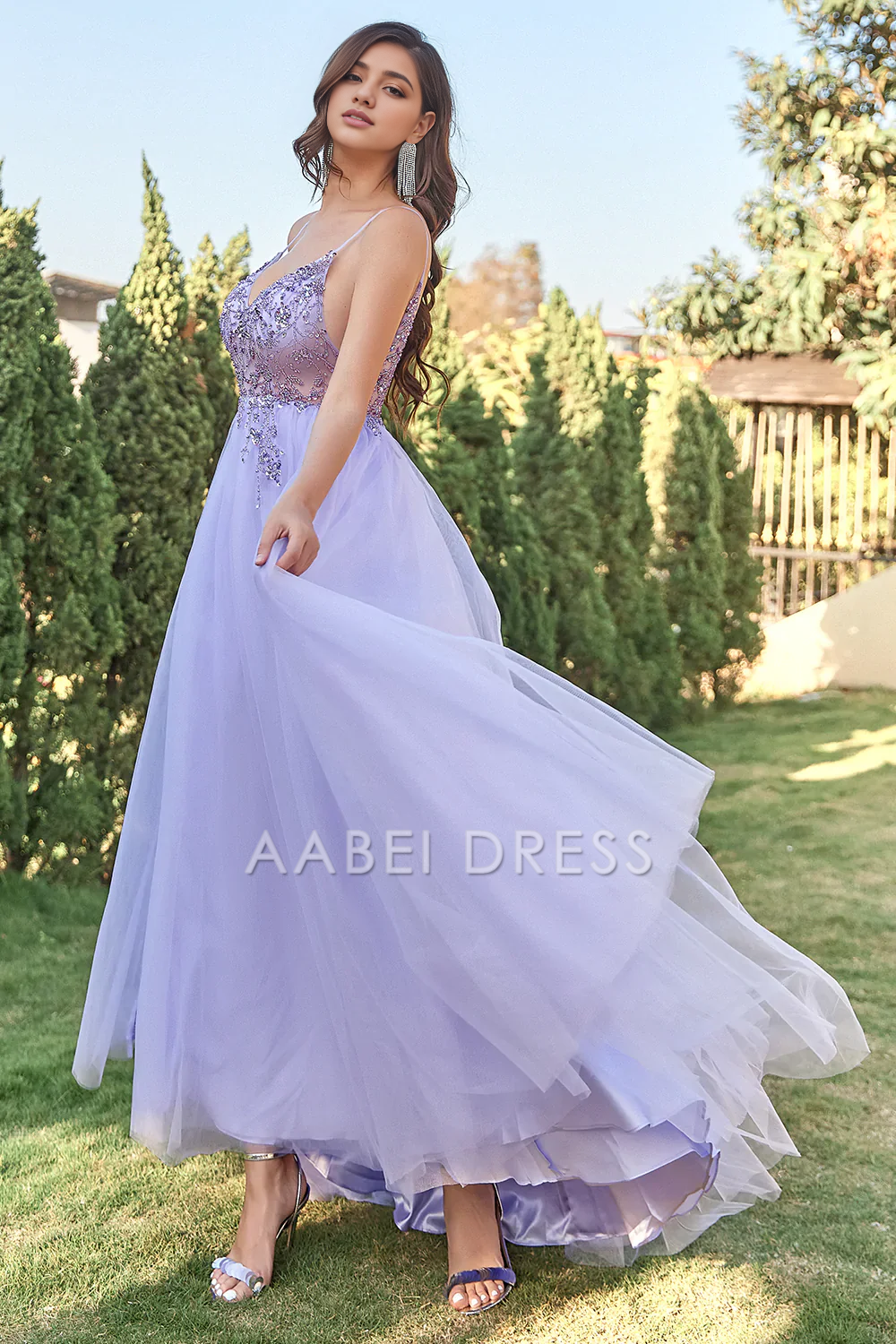 AABEI DRESS Hot Sale Prom Dress Gorgeous Tulle A-Line Spaghetti Strap Backless Side Fork Formal Dress