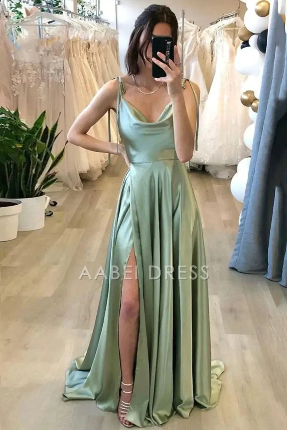 AABEI DRESS Hot Sale Prom Dress Simple A Line Spaghetti Straps Backless Side Fork Long Fashion Formal Dress