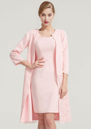Elegant Wedding Guest Dresses Pink Satin Sheath/Column Scoop Neck Sleeveless With Lace 3/4 Long Sleeve Jacket Two-Piece Knee-Length Bargain Mother of the Bride Dress