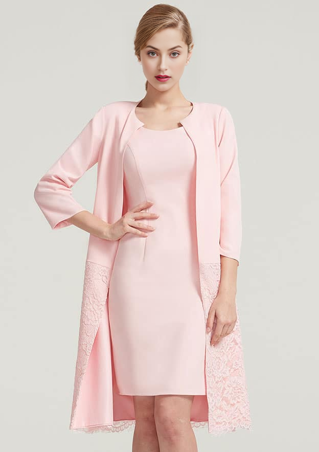 Elegant Wedding Guest Dresses Pink Satin Sheath/Column Scoop Neck Sleeveless With Lace 3/4 Long Sleeve Jacket Two-Piece Knee-Length Bargain Mother of the Bride Dress