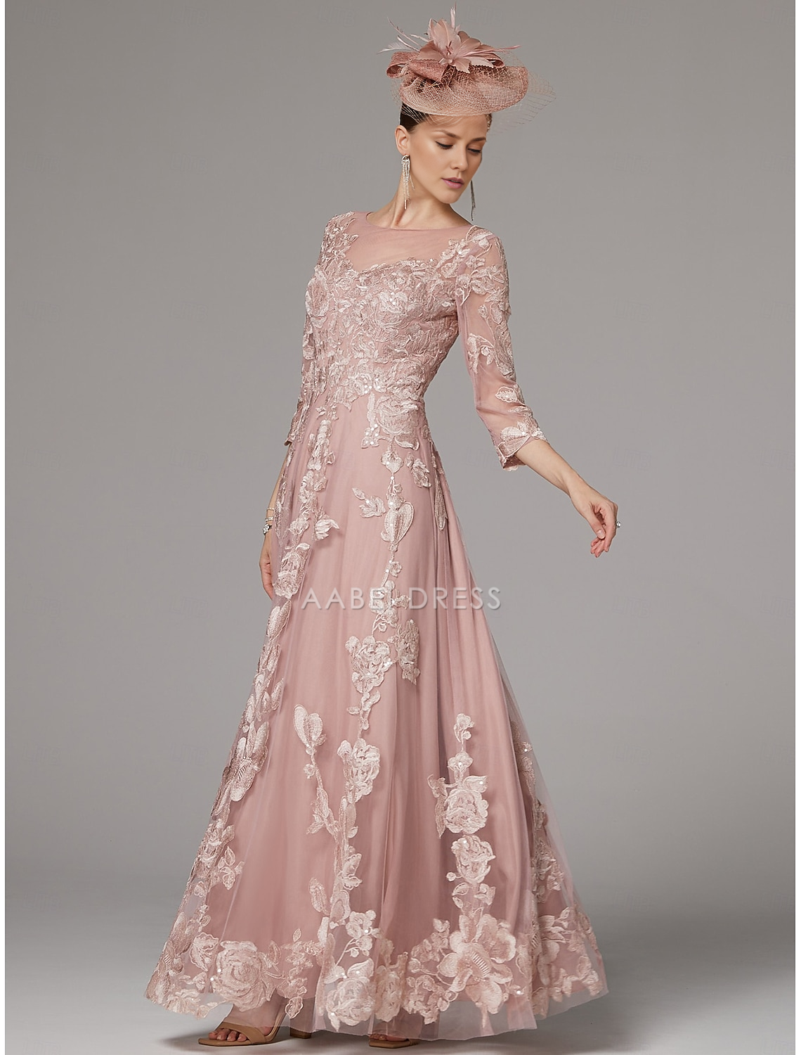 AABEI DRESS Wedding Guest Dress Exquisite A-Line Jewel Neck 3/4 Length Sleeve Beach Wedding Floor Length Lace Pleats Appliques Gorgeous Mother of the Bride Dress