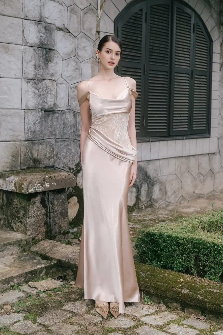 Exquisite Champagne Satin Mermaid Spaghetti Straps Cowl Neck Sleeveless Pleated With Ruffles And Lace Backless Long Affordable Prom Dress