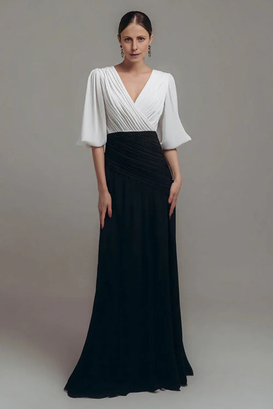 Wedding Guest Dress Black and White Chiffon Sheath V-Neck Half Sleeve Pleated V Back Elegant Long Mother of the Bride Dress