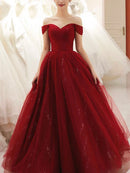 Burgundy Off The Shoulder Sparkly Tulle Prom Dress Pleated Sweetheart Gown