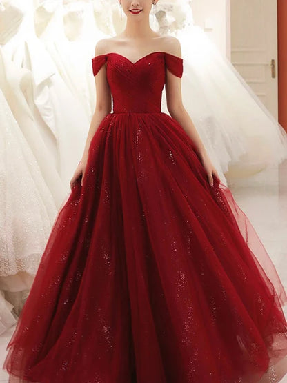 Burgundy Off The Shoulder Sparkly Tulle Prom Dress Pleated Sweetheart Gown