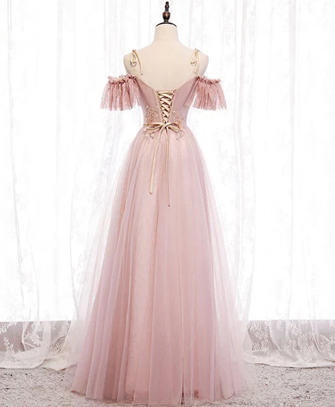 Dusty Pink Off Shoulder Ruffle Beaded Sparkly Tulle A Line Prom Dress