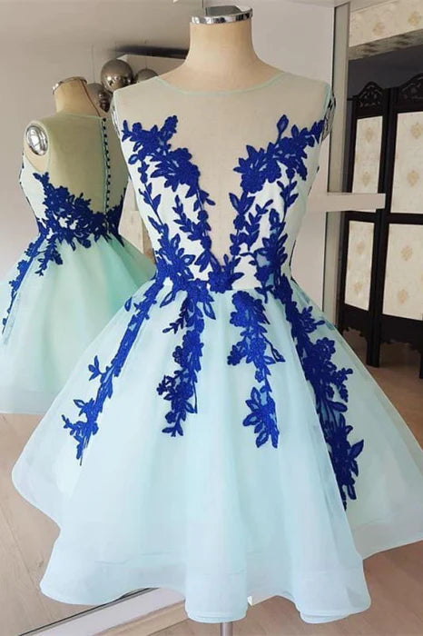 AABEI DRESS Homecoming Dress A Line Sheer Round Neck Sleeveless Short Appliques Prom Dress
