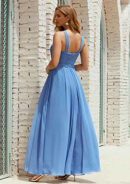Elegant Blue Chiffon A-line Halter Sleeveless With Pleated Backless Affordable Long Bridesmaid Dress
