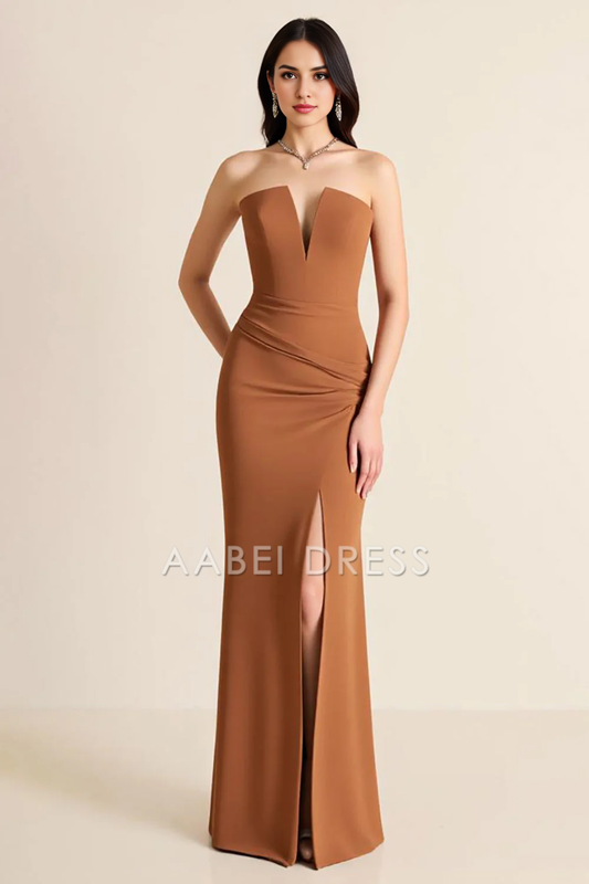 AABEI DRESS Hot Sale Prom Dress Sheath Strapless Pleated Side Fork Fashion Long Formal Dress