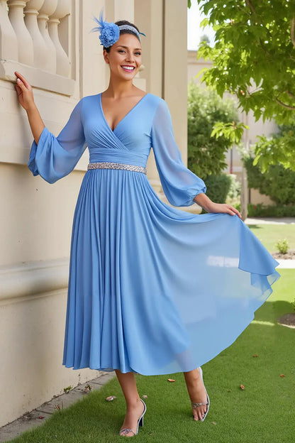 Light Blue Chiffon A Line V-Neck Long Sleeves Ruched Hem with Beading Elegant Long Wedding Guest Dress For Women Hot Sale Mother of the Bride Dress