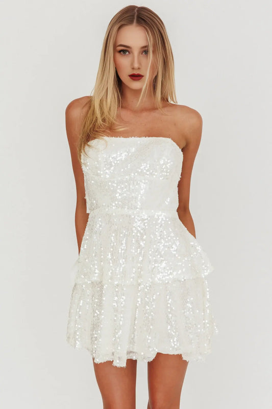 Charming White Sequin Tiered Strapless Backless Sleeveless Sparkle Mini Dress Hot Sale Homecoming Dress