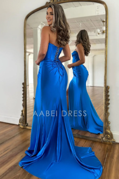 AABEI DRESS Hot Sale Prom Dress Satin Mermaid Strapless Lace Up Long With Split Fashion Formal Dress