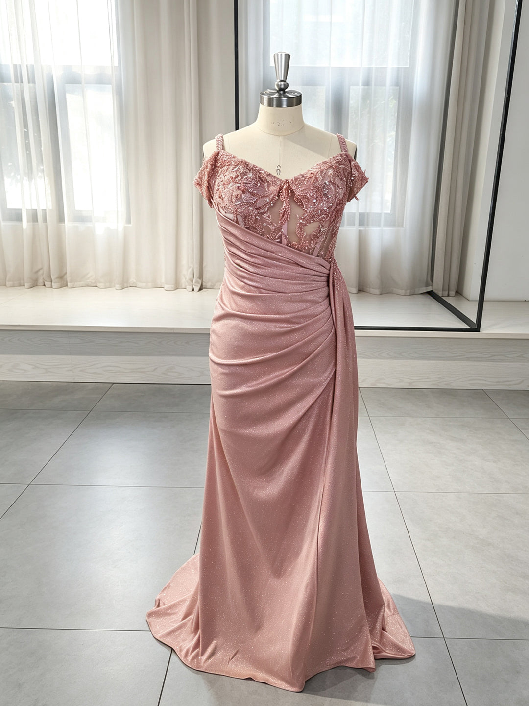 Dusty Rose Glitter Fabric with Beaded Lace Sheath Sweetheart Floor-Length Dress