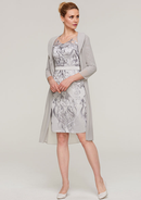 Vintage Wedding Guest Dresses Chiffon Sheath/Column V Neck 3/4 Sleeve Appliqued Waistband With Jacket Two-Piece Knee-Length Bargain Mother of the Bride Dress