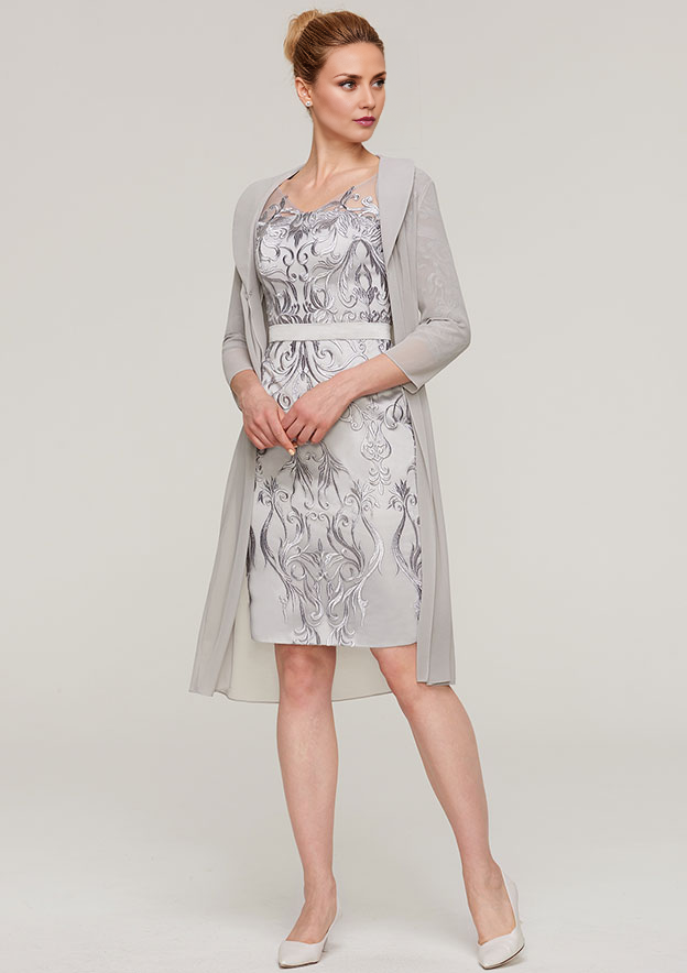 Vintage Wedding Guest Dresses Chiffon Sheath/Column V Neck 3/4 Sleeve Appliqued Waistband With Jacket Two-Piece Knee-Length Bargain Mother of the Bride Dress