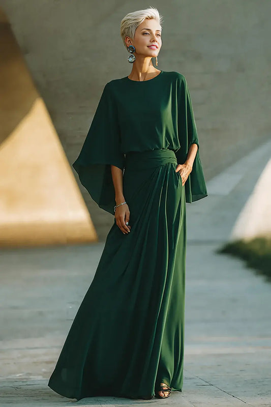 Dark Green Elegant A Line Round Neck Flutter Batwing Sleeve Waist Cincher Long Wedding Guest Dress For Women New Style Mother of the Bride Dress