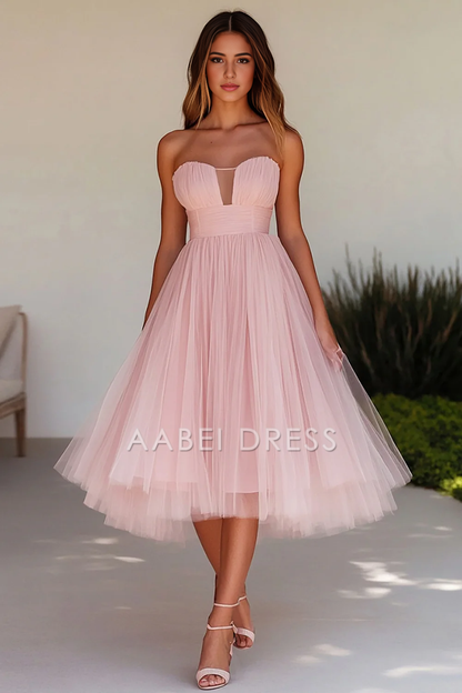 AABEI DRESS Hot Sale Prom Dress Elegant A Line Strapless Tulle Knee-Length Fashion Formal Dress