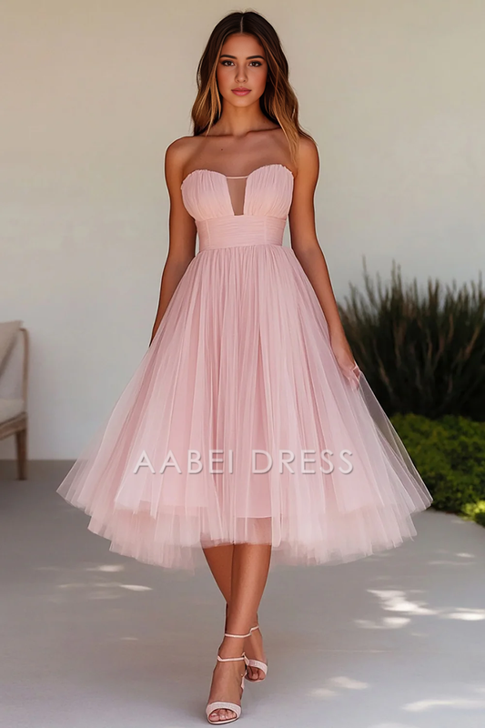 AABEI DRESS Hot Sale Prom Dress Elegant A Line Strapless Tulle Knee-Length Fashion Formal Dress