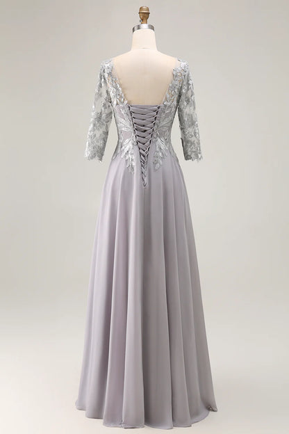 Wedding Guest Dress Silver A Line V-Neck 3/4 Long Sleeve with Lace Backless Elegant Long Mother of the Bride Dress