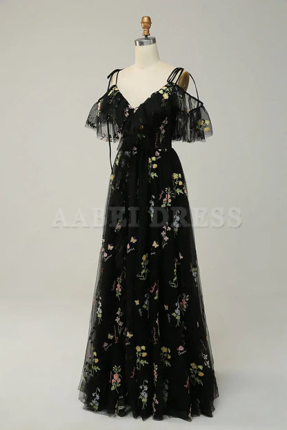 Prom Dress A-Line V-Neck Spaghetti Straps Ruched Side Fork Embroidery Lace Sweet Formal Wear Dresses