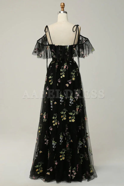 Prom Dress A-Line V-Neck Spaghetti Straps Ruched Side Fork Embroidery Lace Sweet Formal Wear Dresses