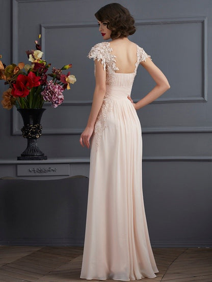 A-Line/Princess Square Short Sleeves Lace Long Chiffon Dresses