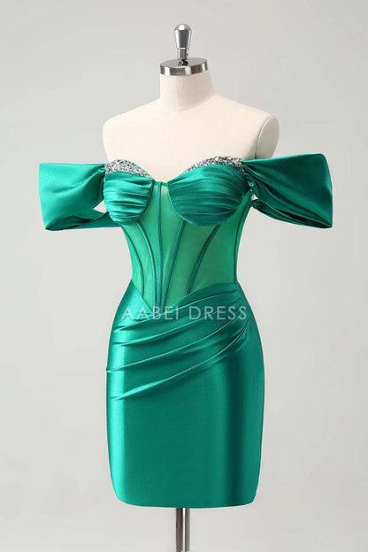 AABEI DRESS New Homecoming Dress Elegant Sheath Sweetheart Off the Shoulder Sleeveless Pleated Beading Short Graduation Dress