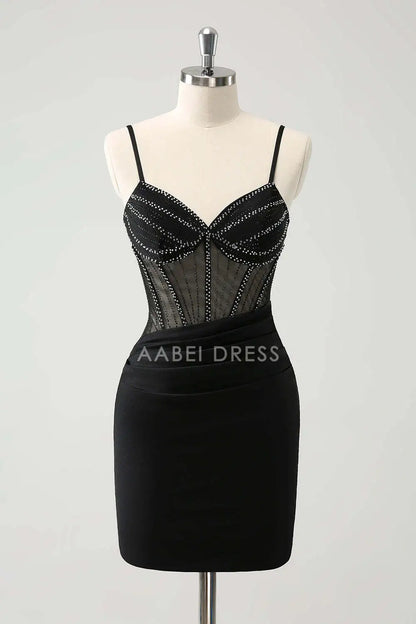 AABEI DRESS New Homecoming Dress Sparkle Bodycon V Neck Spaghetti Straps Corset Beading Fashion Short Graduation Dress