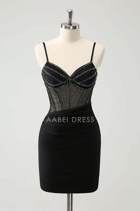 AABEI DRESS New Homecoming Dress Sparkle Bodycon V Neck Spaghetti Straps Corset Beading Fashion Short Graduation Dress