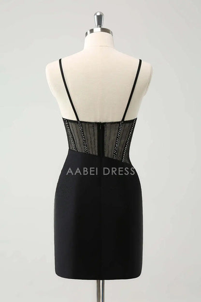 AABEI DRESS New Homecoming Dress Sparkle Bodycon V Neck Spaghetti Straps Corset Beading Fashion Short Graduation Dress